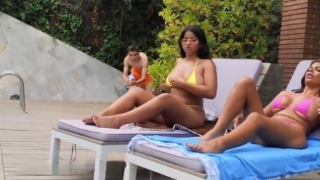 Two curvy MILF moms in bikinis punished stepson for pranking