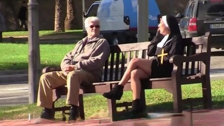 Bitch in nun uniform pranks people in the streets and gets her cunt fucked