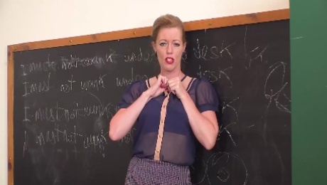 Mature blonde woman, Holly Kiss is working as a teacher and often masturbating on her working desk